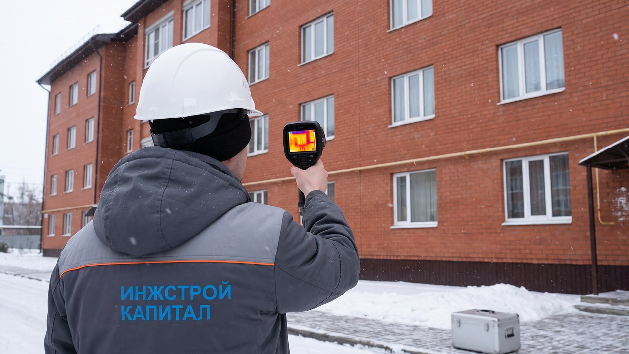 Инженер с тепловизором перед фасадом здания