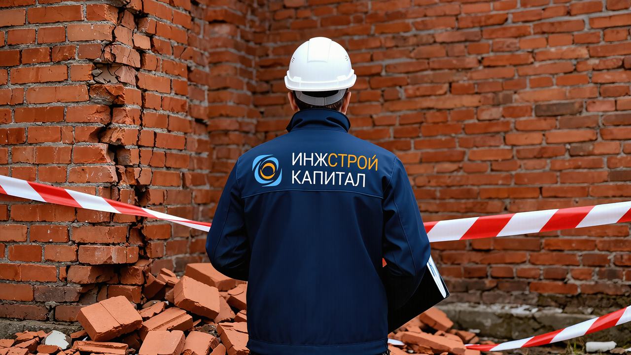 Осмотр механических повреждений кладки угла здания