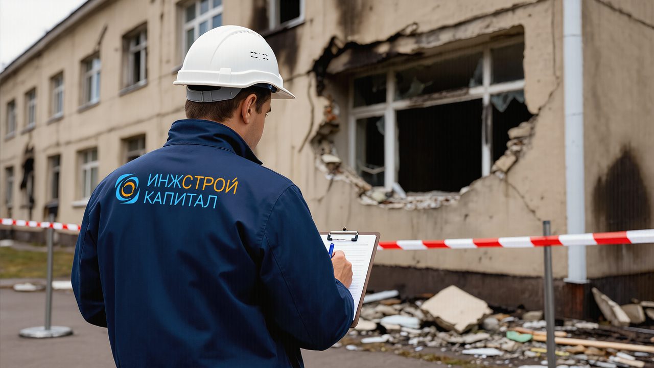 Обследование локального разрушения фасада с ограждением зоны