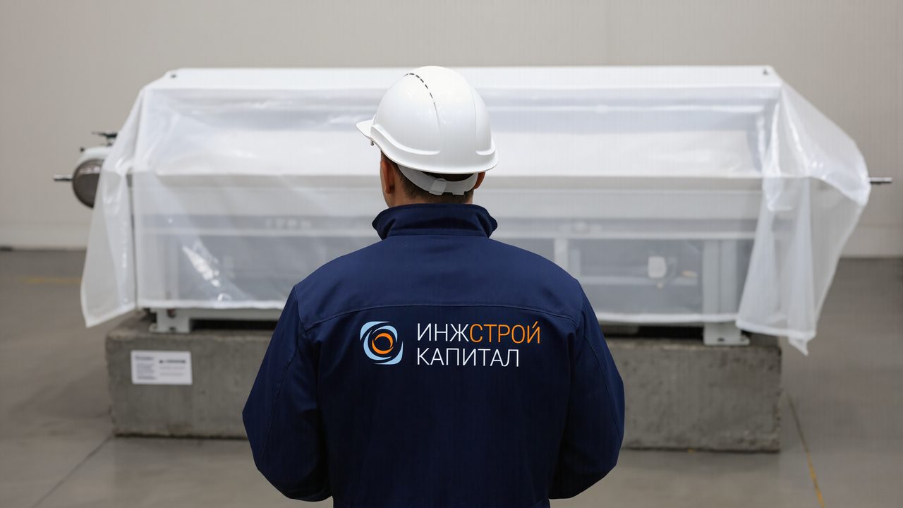 Новое оборудование в защитной плёнке на фундаменте цеха