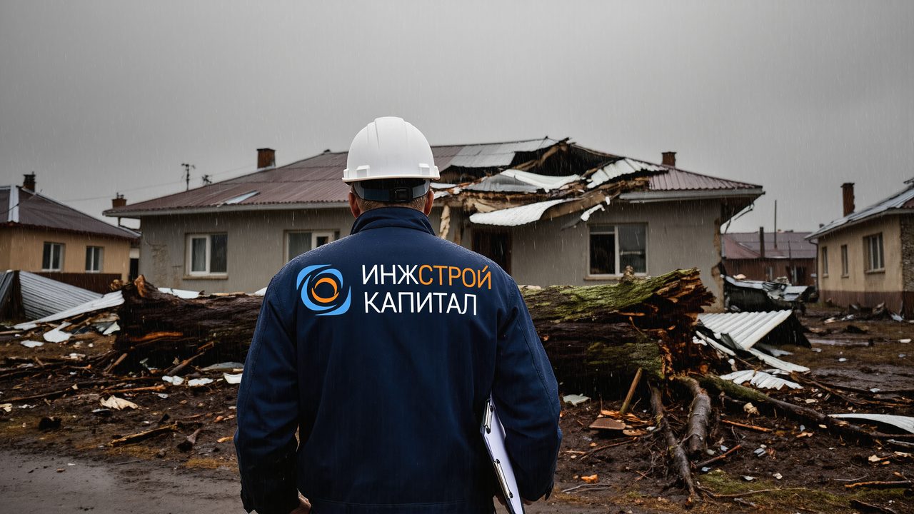 Обследование дома с сорванной кровлей после стихийного бедствия