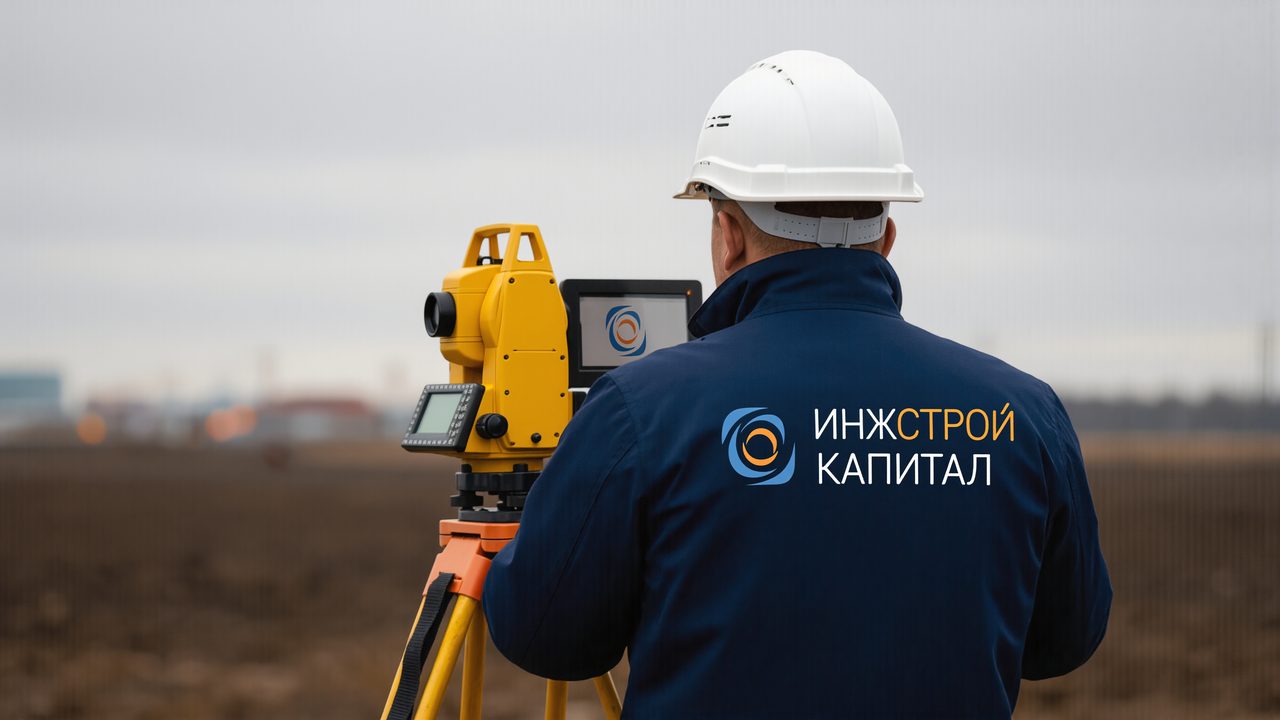 Геодезист с тахеометром на площадке изысканий