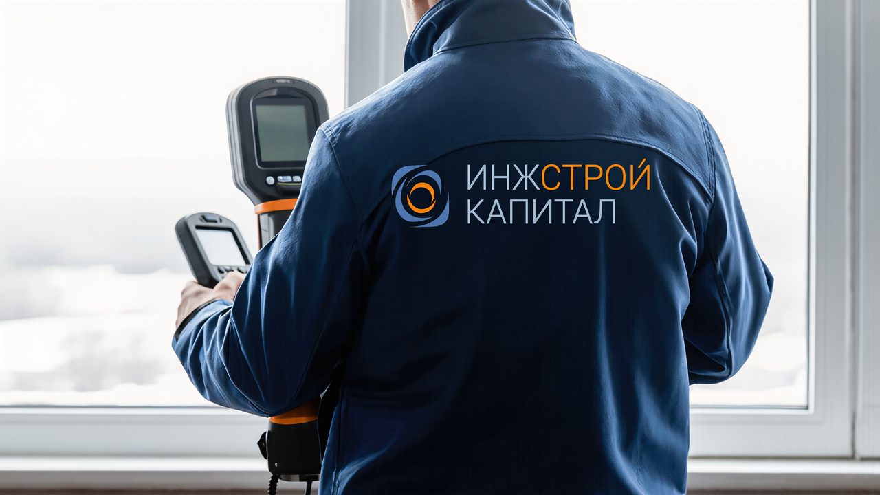 Инженер с тепловизором у окна квартиры